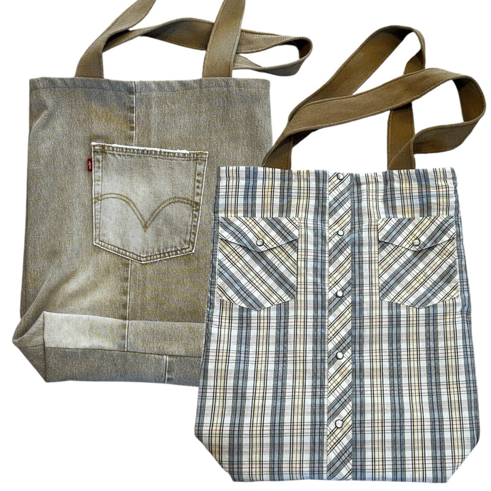 Custom Reversible Levi’s & Western Shirt Large Tote Bag, Red tab, Pearl Snaps